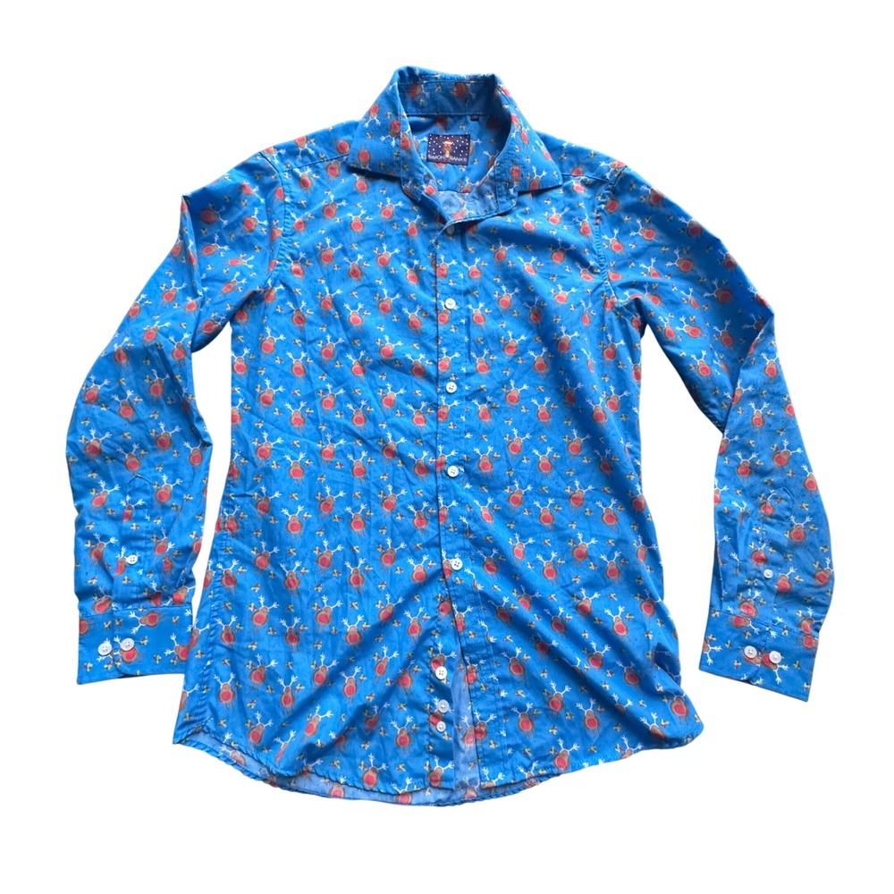 Simon Banks Mens Blue Reindeer Holiday Christmas Button Down Shirt Small 15